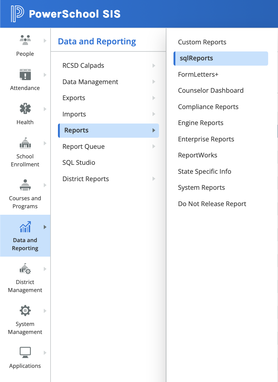 Start page left-side navigation to sqlReports