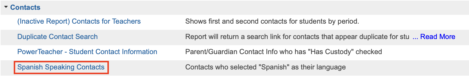 Contacts section of sqlReports page with Spanish Speaking Contacts report highlighted
